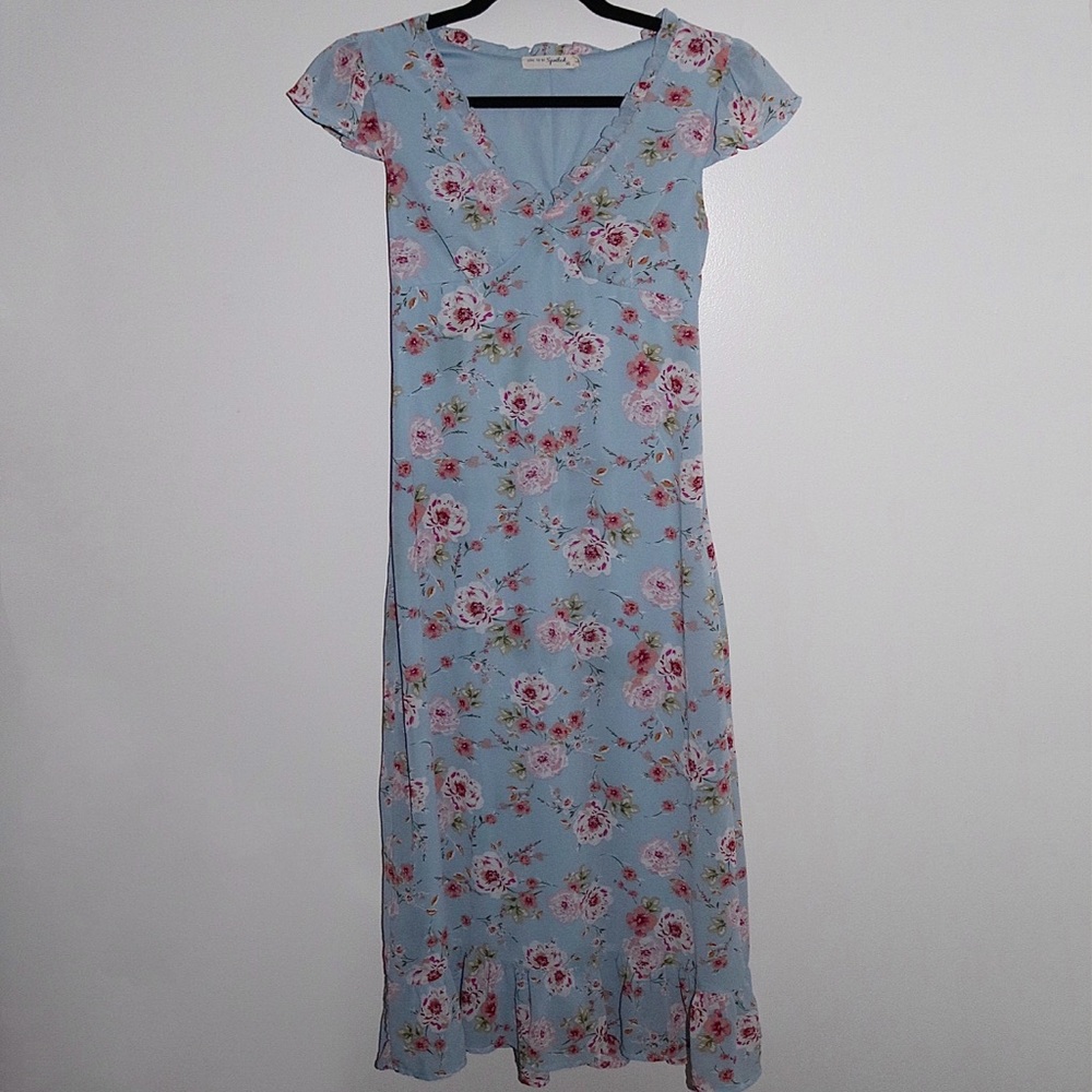 Blue floral midi dress with ruffle sleeves and tie waist